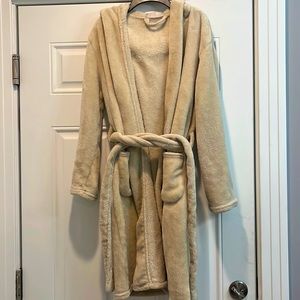 Cream colored hooded bathrobe
